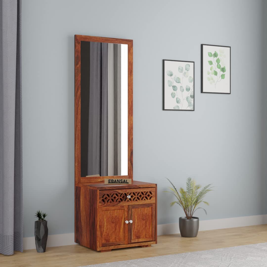 EBANSAL Dressing Table for Bedroom | Wooden Vanity Dressing Table with Mirror | Decorative Dresser with Mirror and Drawers | Long Mirror with Drawer & Cabinet Storage | Sheesham, Honey Finish-image-45