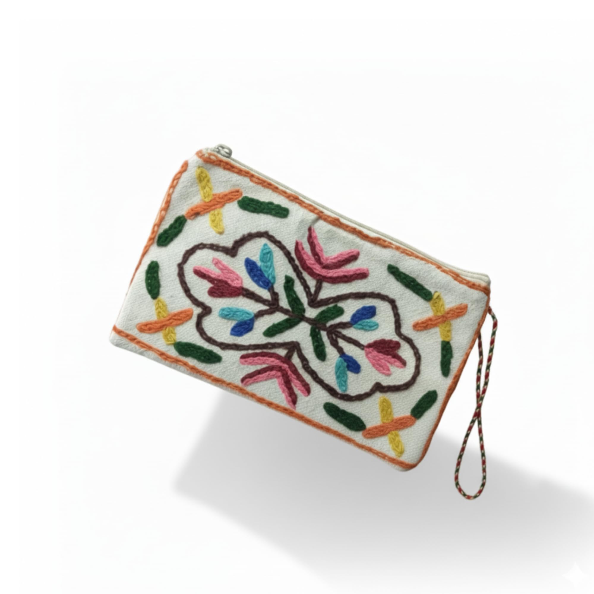 Assorted Kashmiri Floral Embroidered Cotton Sling Bag, Mini Crossbody Pouch with Zipper, White with Multicolour Aari Work, Handcrafted-image-48