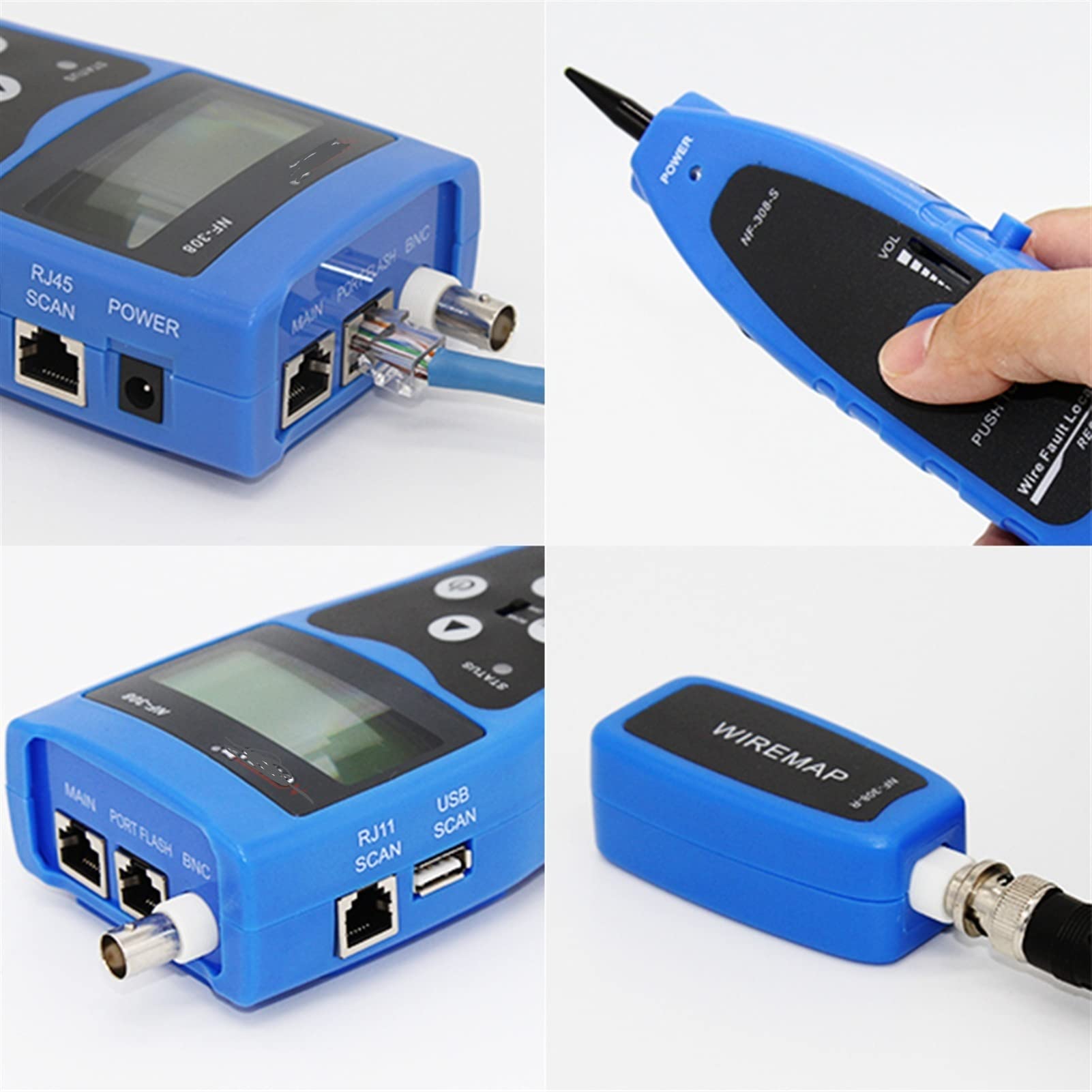 NF-308 Medida a la red Lan Cable de longitud del cable PRUEBA DE CONTINUIDAD DE LA PRUEBA DE ALAMBRE BNC RJ45 RJ11 Monitoreo del probador de cable Ethernet(NF-308-blue)