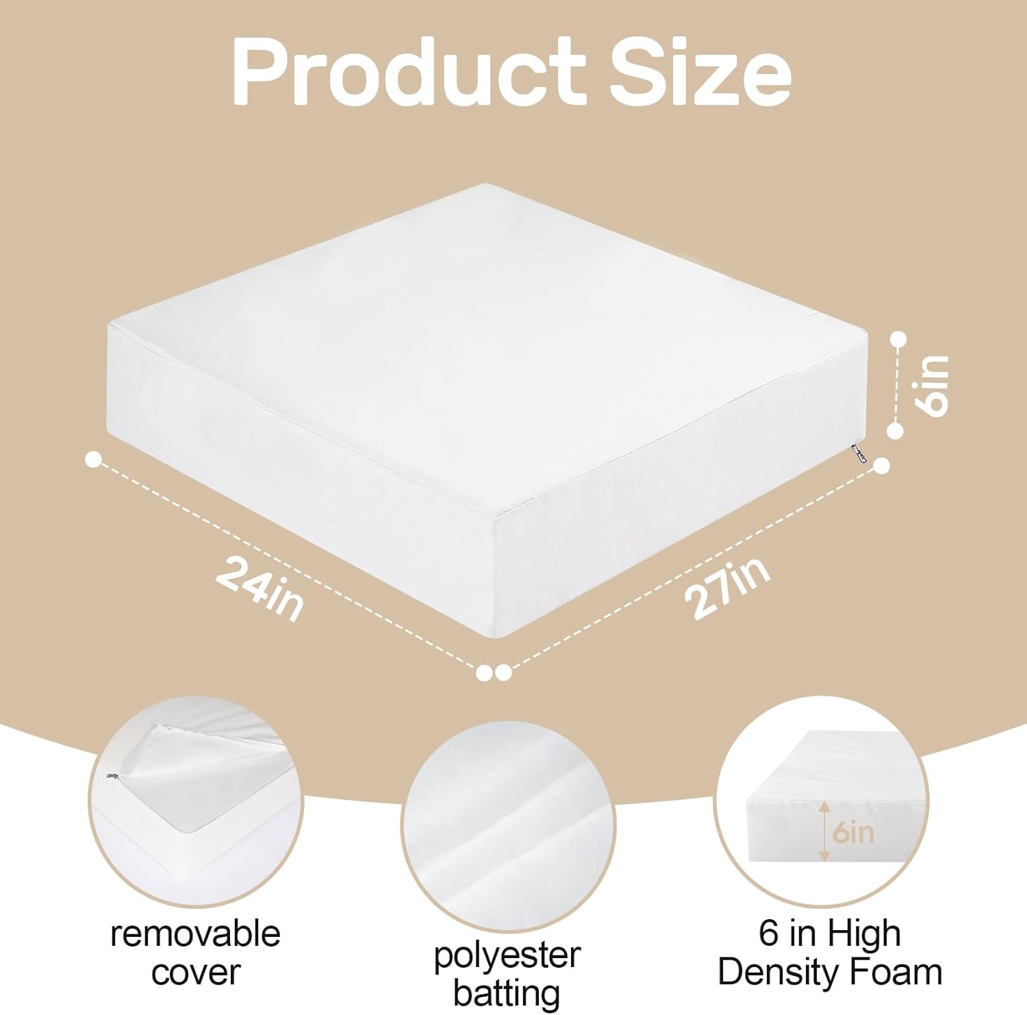 idee-home Couch Cushion Replacement 6"H, High Density Upholstery Foam Cushion Insert, Supportive & Soft Sofa Seat Cushions Foam with Removable Cover with Polyester Batting 24"x27", 1pc