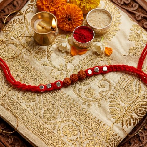 Image of Rakhi Set of 1 for Brother | Premium Rudraksha & Chandan Rakhi with Kundan Stone Designer Thread | Traditional Handmade Rakhi for Bhai, Brother, Bhaiya | Greeting Card Included | Multicolor