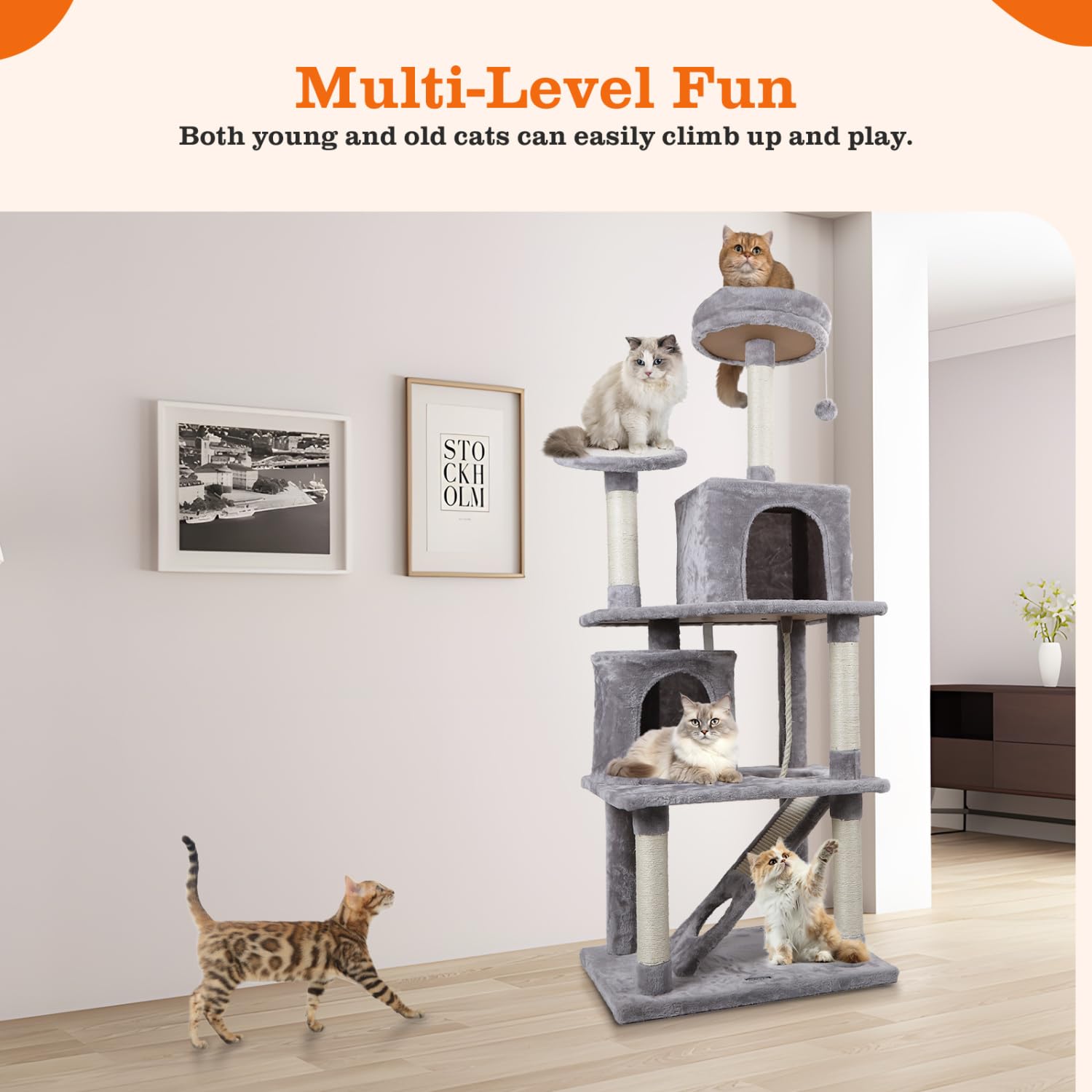 Nobleza - Árbol para Gatos, Altura 161 cm, con 5 Postes Rascadores, 5 Plataformas, 2 Cueva,1 Escalera, pompón, Cuerda de sisal, Tela de Felpa, Rascador Multinivel para Gatos Grandes,Gris