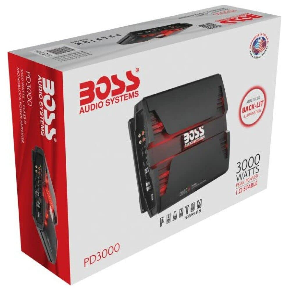 KIT SET PER BOSS AUDIO SYSTEMS PHANTOM PD3000, 1 amplificatore 1 canale, da 3000 watt max, specifico per subwoofer, classe d, con controllo remoto incluso e filtro subsonico, 1 pezzo