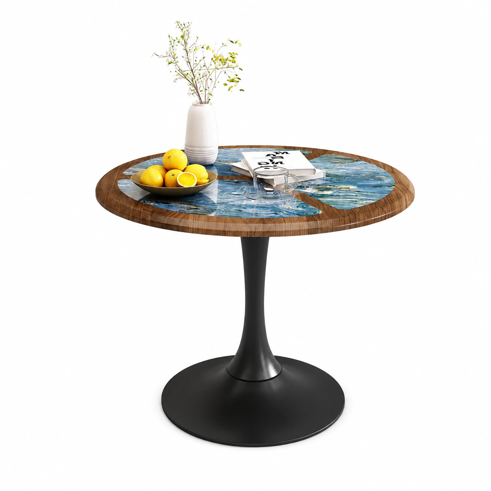 Round Table, Non-Slip Stable Space-Saving Small Dining Tables Modern, Waterproof Rounded Corners Wood Pattern Marble Dining Table, Bistro Table for Kitchens and Living Rooms (Blue, 70 × 70 × 75 cm)
