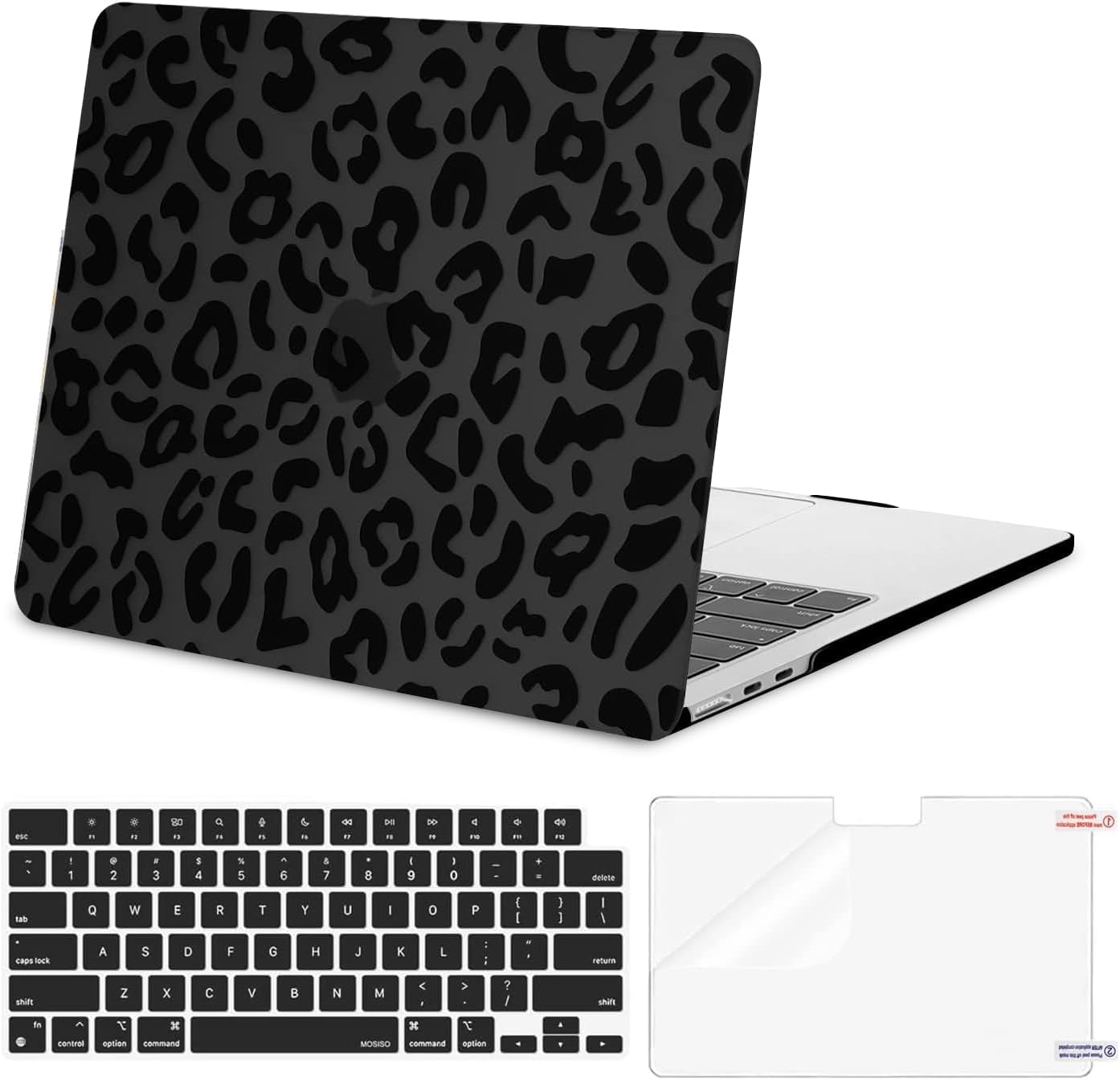 MOSISO Compatible with MacBook Air 13 inch Case 2025 2024 2023 2022 M4 A3240 M3 A3113 M2 A2681, Leopard Grain Hard Case&Keyboard Skin&Screen Film Compatible with MacBook Air 13.6 inch Case, Black