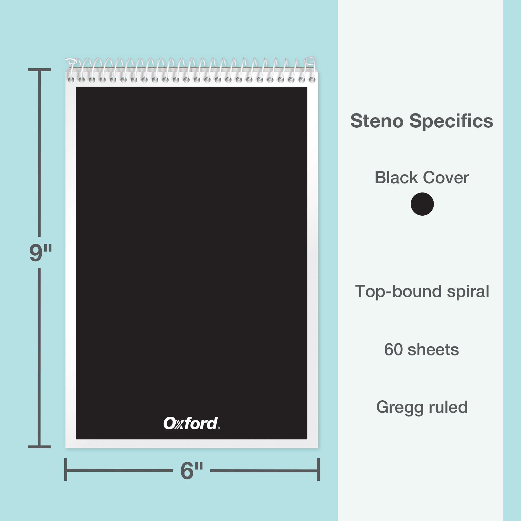 Oxford Steno - Confezione da 12 blocchetti con copertina nera, 15,2 x 22,9 cm, 120 pagine, 60 fogli, fogli a spirale superiori, carta bianca a righe Gregg, set di blocchi compatti per appunti