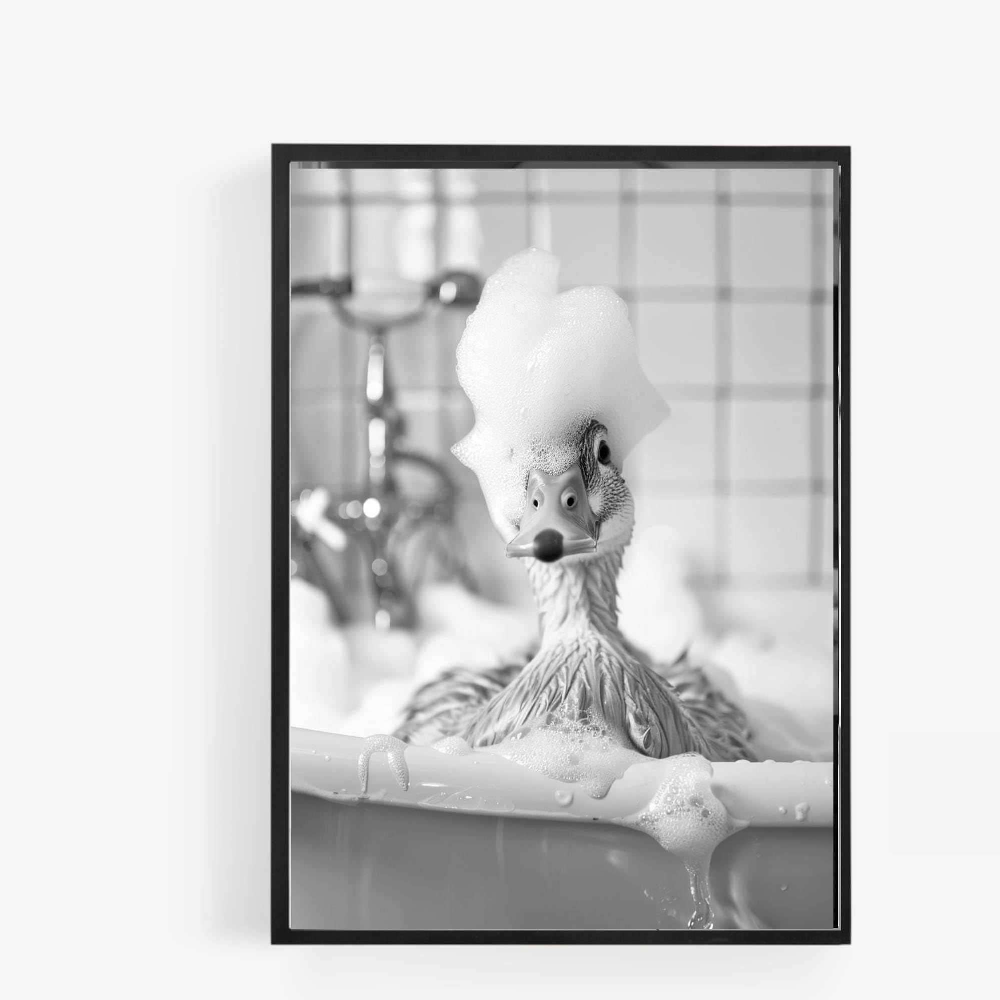 Gfc Black White Funny Bathroom Duck Taking A Bubble Bath A4 Unframed Print Picture Wall Art Home Decor Decorating