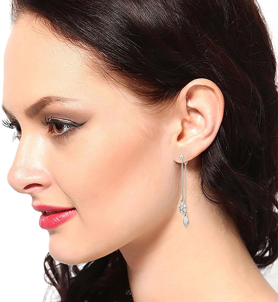 Vanbelle Sterling Silver Jewelry - Rhodium Plated with 925 Stamp - Dangling Front & Back Flower-Leaf Earring - Elegant Beautifully Handcrafted for Women