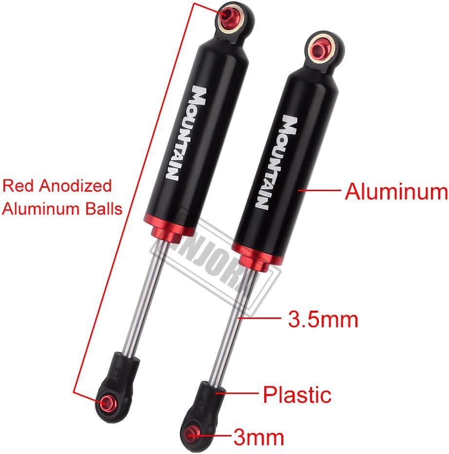 Diagram showing the components of an INJORA shock absorber, highlighting aluminum body, 3.5mm shaft, and plastic 3mm rod end