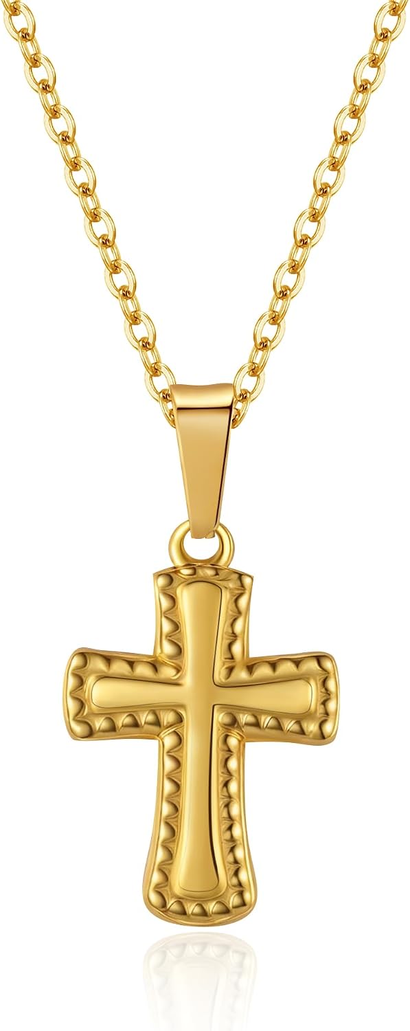 Gold Cross Pendant Necklace, Religious Chain Jewelry, Textured Border Design