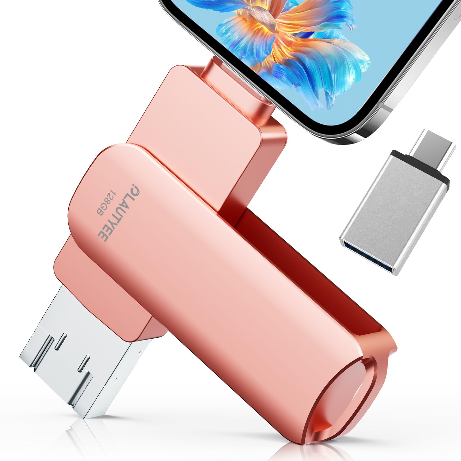 【2025新登場 アプリ不要】USBメモリ 128GB 4in1 高速 Phone usbメモリー 写真保存 回転式 iOS/Type-C/USB/Micro USB フラッシュメモリ 大容量 usb データ スマホ バックアップ Phone/Pad/PC/Macbook/Android対応 外付けメモリ 容量不足解消 ピンク Phone 16/15/14/13/12/SE/Pad Air各種対応