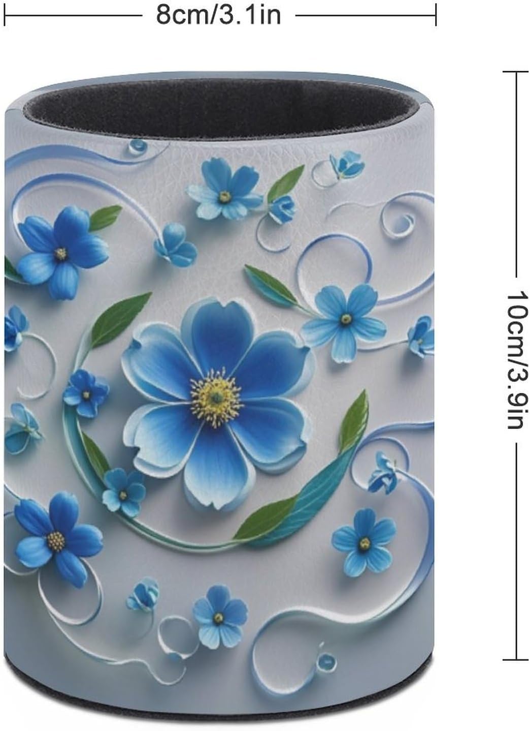 PU Leather Round Pen Holder Blue Mini Flower Swirl Desk Organizer image 2