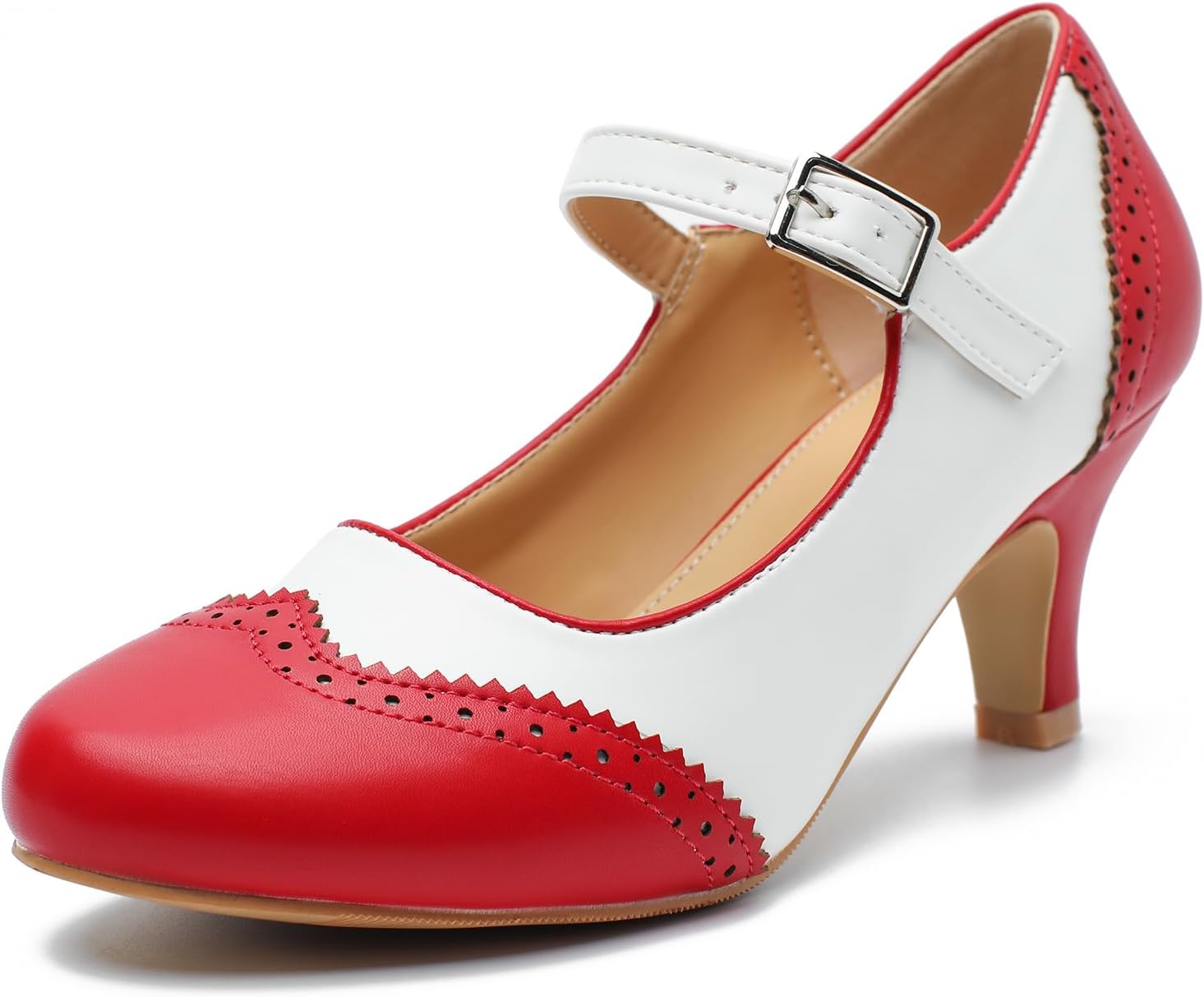 Women's Mary Jane Double-Tone Oxford Pumps Comfortable Low Kitten Heels Retro Ankle Strap Round Toe Dress Shoes