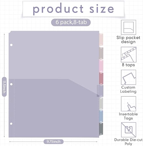 Miniatura 8 de Resholder 6 juegos de separadores de carpetas de plástico de 8 pestañas con bolsillos para carpetas de 3 anillos de 9 34 x 11 12 pulgadas,