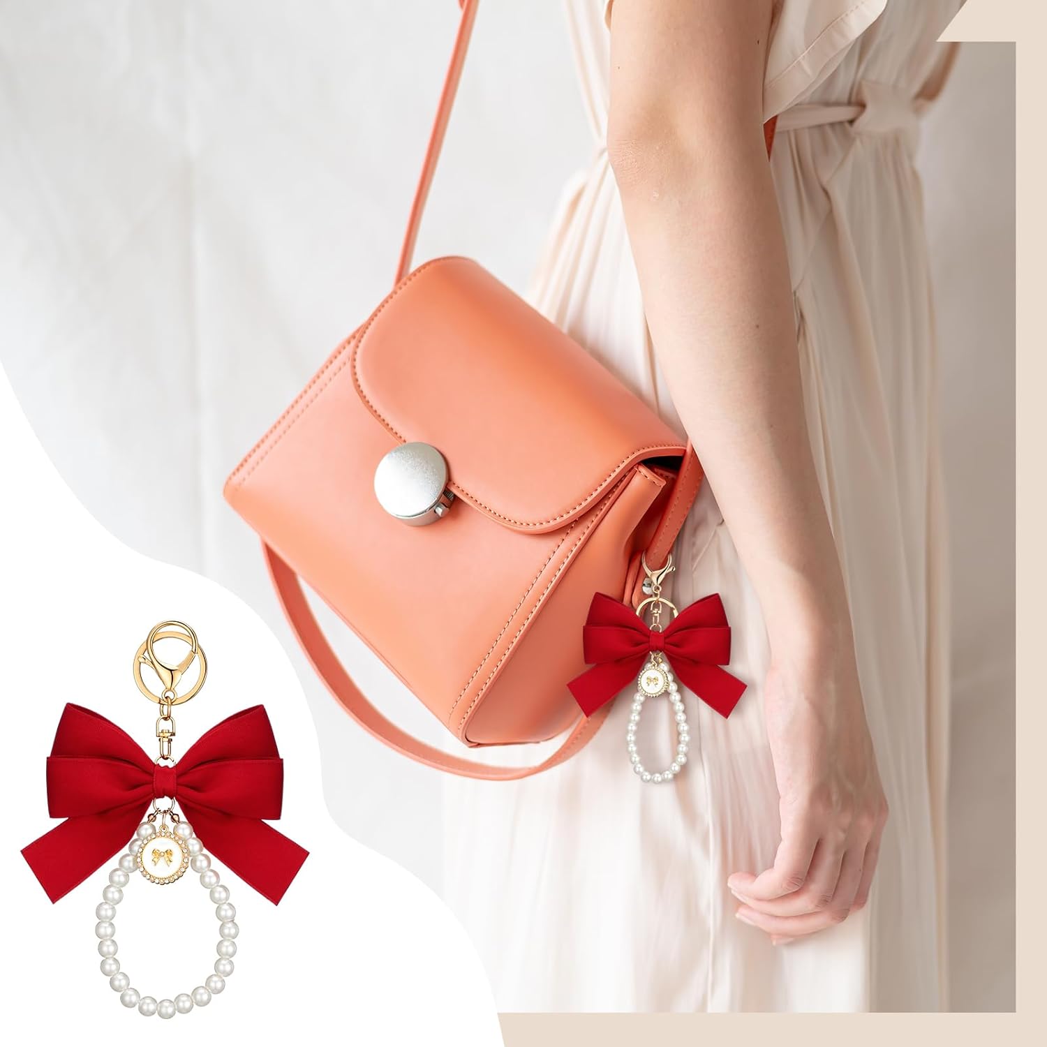 Sureio 6 Pcs Bow Keychain Wristlet for Women Cute Bow Pearl Keychain Lovely Beaded Keyring Pretty Pearl Bag Charm Accessories for Purse Backpacks Handbags Home Keys - Image 5