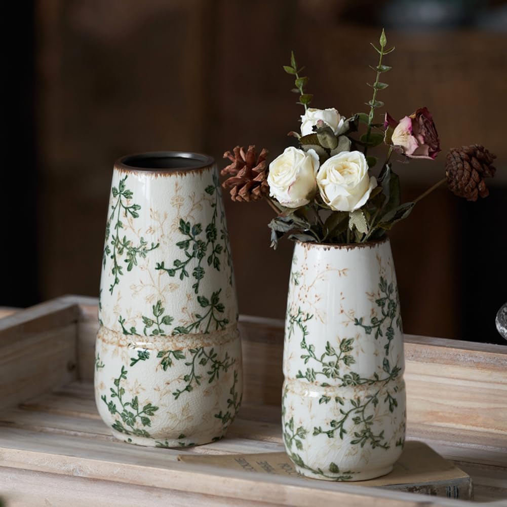 Green Chinoiserie Floral Vase,Ceramic Vintage Vases Retro Ice Cracked Ceramic Vases for Home Decor, Living Room,Office,Chinoiserie Decor,E1