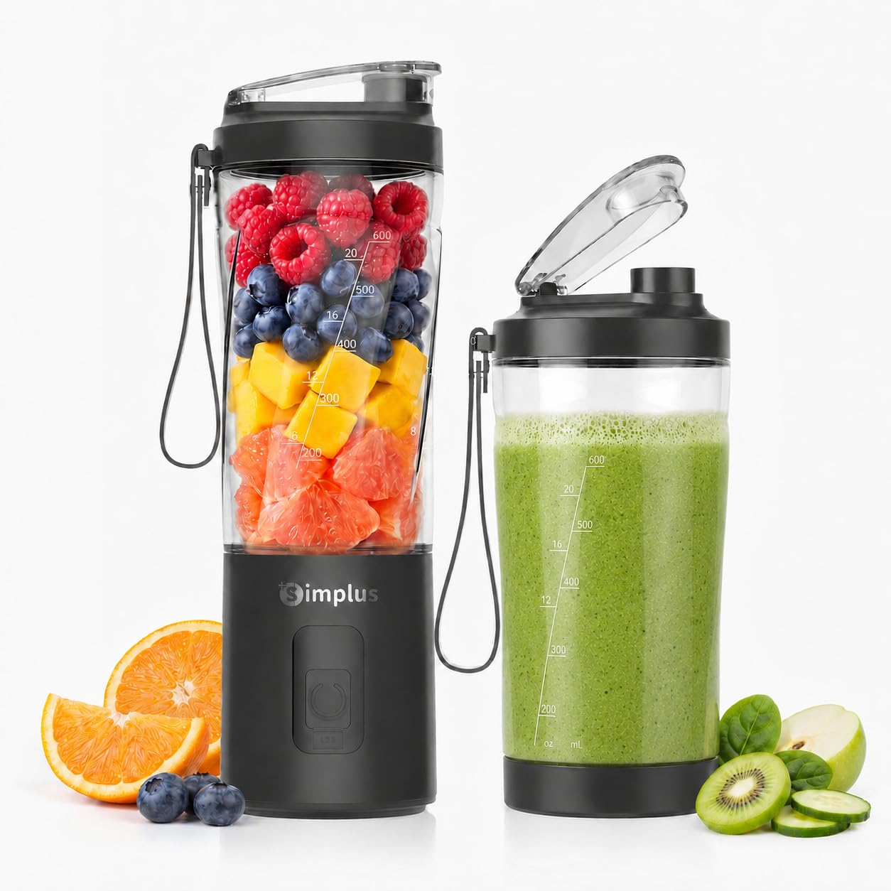 SIMPLUS Tragbarer Mixer 800ml Smoothie Maker To Go, USB-C Mini Mixer mit 6 Edelstahlklingen, kabelloser Blender für Shakes, Milchmixgetränke, weiche Früchte & kleine Eisstücke, BPA-frei