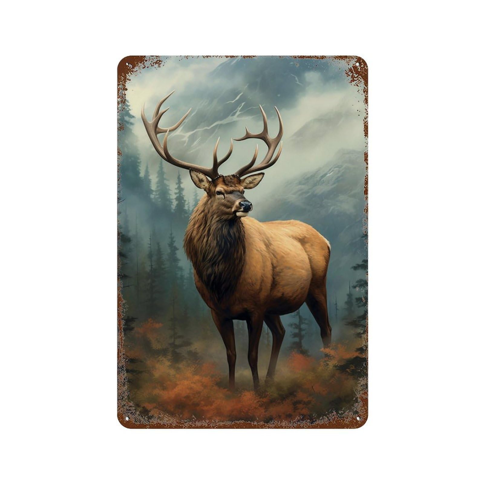 Rust Effect Majestic Elk in Forest Aged Metal Wall Plaque 11.8"x7.9", Shabby Chic Decor for Living Room, Hallway And Home Decor