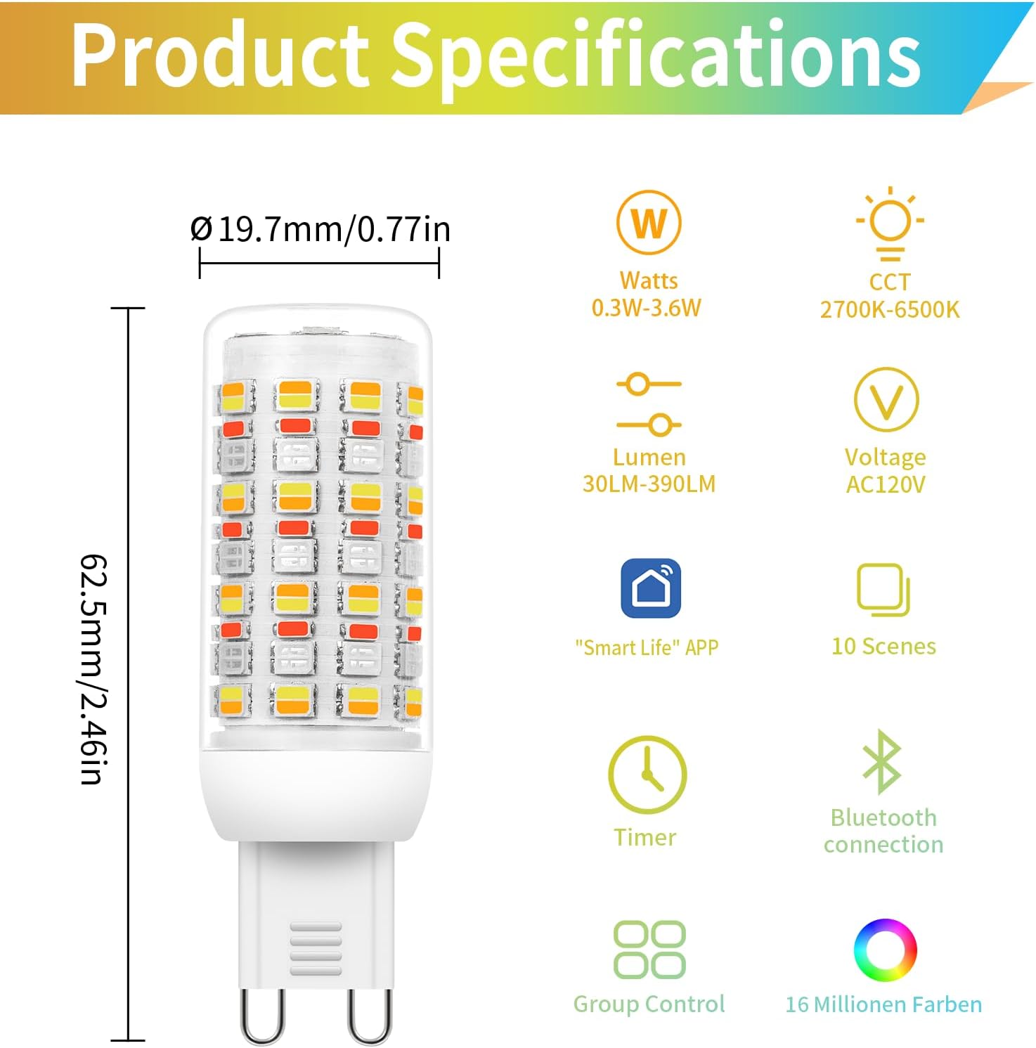 I-SHUNFA Smart G9 RGBCW LED Bulbs, App & Remote Control, AC 120V, 2700K-6500K + 16M Colors, Dimmable 1%-100%, 4W 400LM, Music Sync, Timer (2 Pack with Remote)