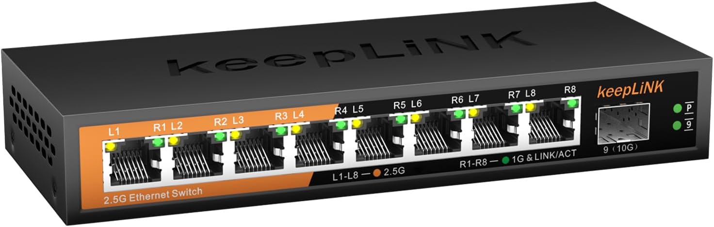 8 Port 2.5G Switch Unmanaged, Ethernet Switch with 8 x 2.5G Base-T Ports, 1 x 10G Base-T SFP Slot, 60Gbps Switching Capacity, Plug & Play, Fanless Metal, Wall Mountable