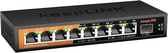 8 Port 2.5G Switch Unmanaged, Ethernet Switch with 8 x 2.5G Base-T Ports, 1 x 10G Base-T SFP Slot, 60Gbps Switching Capacity, Plug & Play, Fanless Metal, Wall Mountable