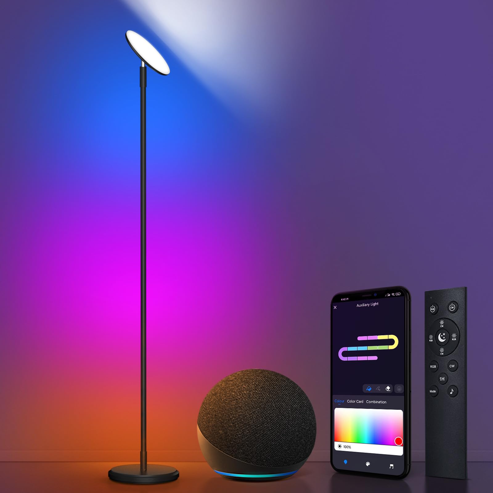 OUTON S1 Lámpara de Pie,Funciona con Alexa, Google Assistant, RGB inteligentes Luz de Esquina, con Control Remoto y APP WiFi, Moderna Lámpara de Lectura para Sala de Estar, Dormitorio