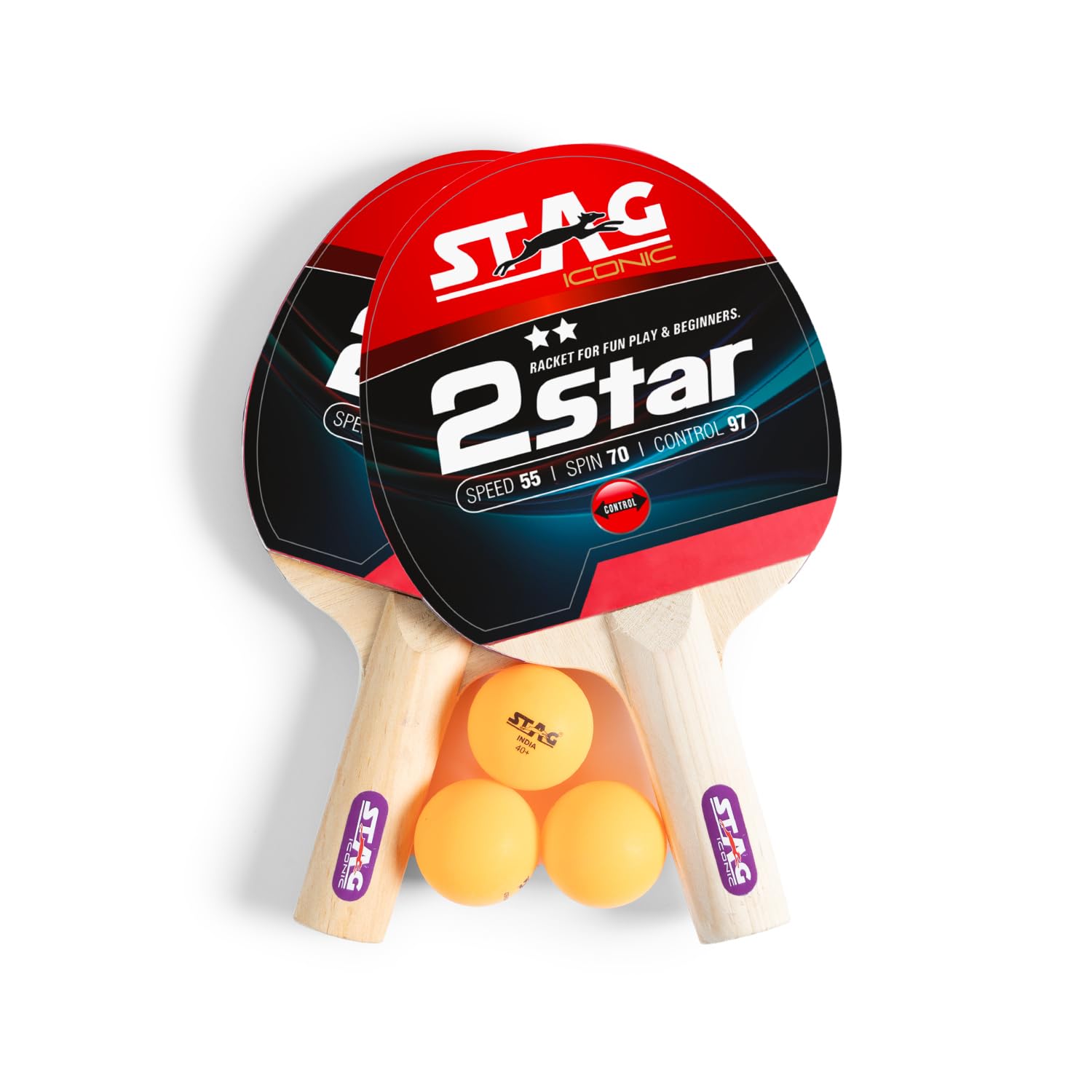 STAG ICONIC 2 Star Table Tennis Playset with Orange Balls | 2 Ping Pong Rackets & 3 ABS Balls | Beginner TT Bat Set for Practice & Recreation | Lightweight, Durable & Ergonomic Design