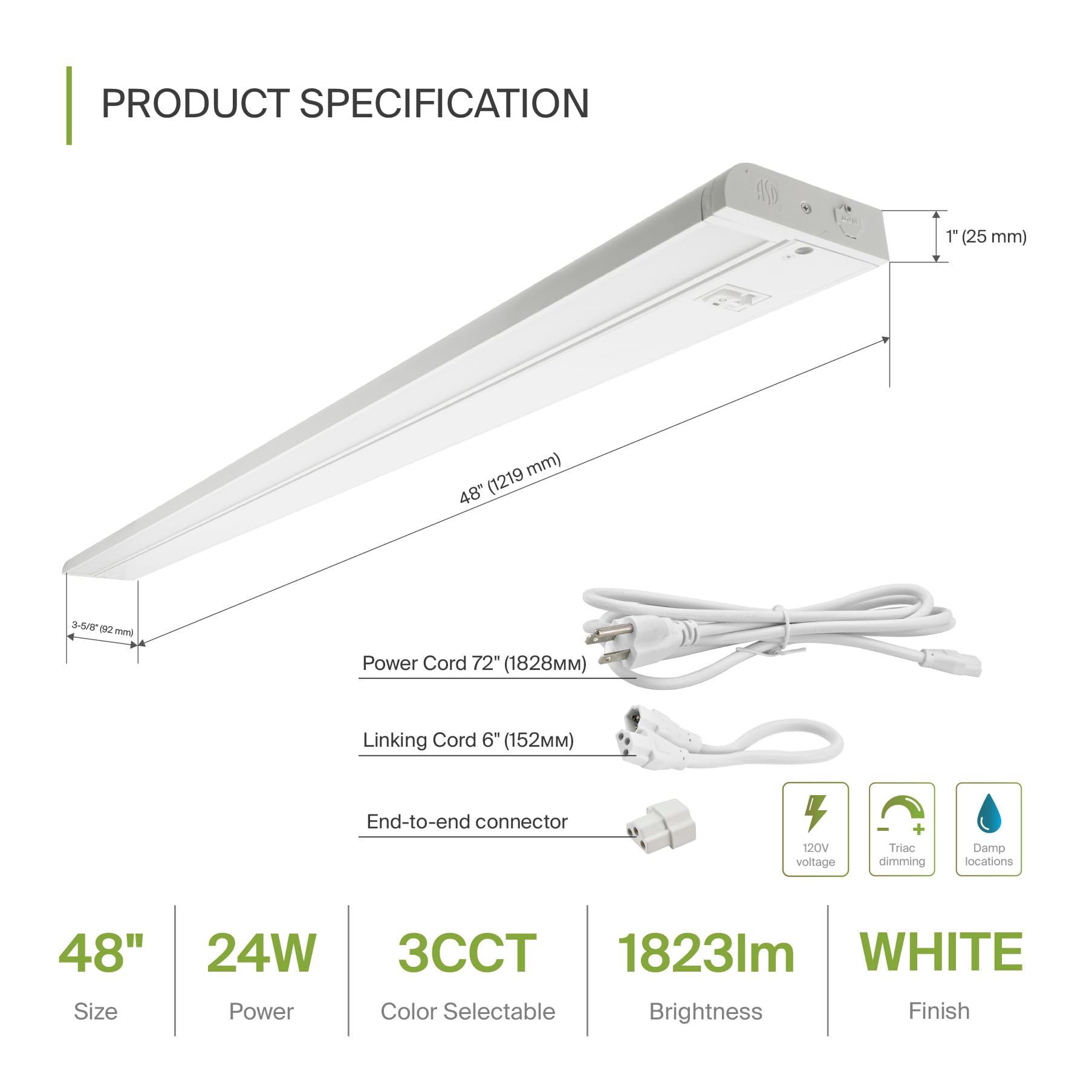 ASD Swivel LED Under Cabinet Lighting, 48 Inch 24W, Hardwired or Plug-in, 2700K/3000K/4000K, Hi/Low Switch, Rotatable Lens, Dimmable Linkable Under Counter Light for Kitchen, ETL & Energy Star