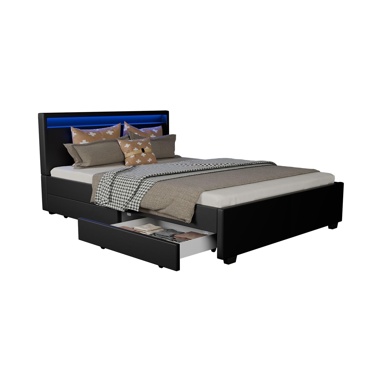 Juskys Polsterbett Lyon 140x200 cm mit Bettkasten, LED-Beleuchtung, Lattenrost & Kunstleder, schwarz