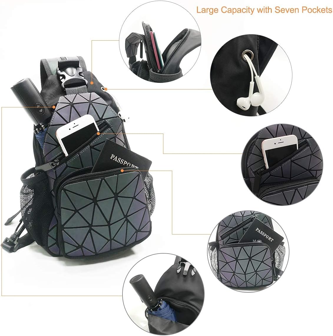 PYFK Geometric Backpack Luminous Holographic Purse Color Changes Flash Reflective Bag Fashion Sling Bag for Women Girls (Prism)