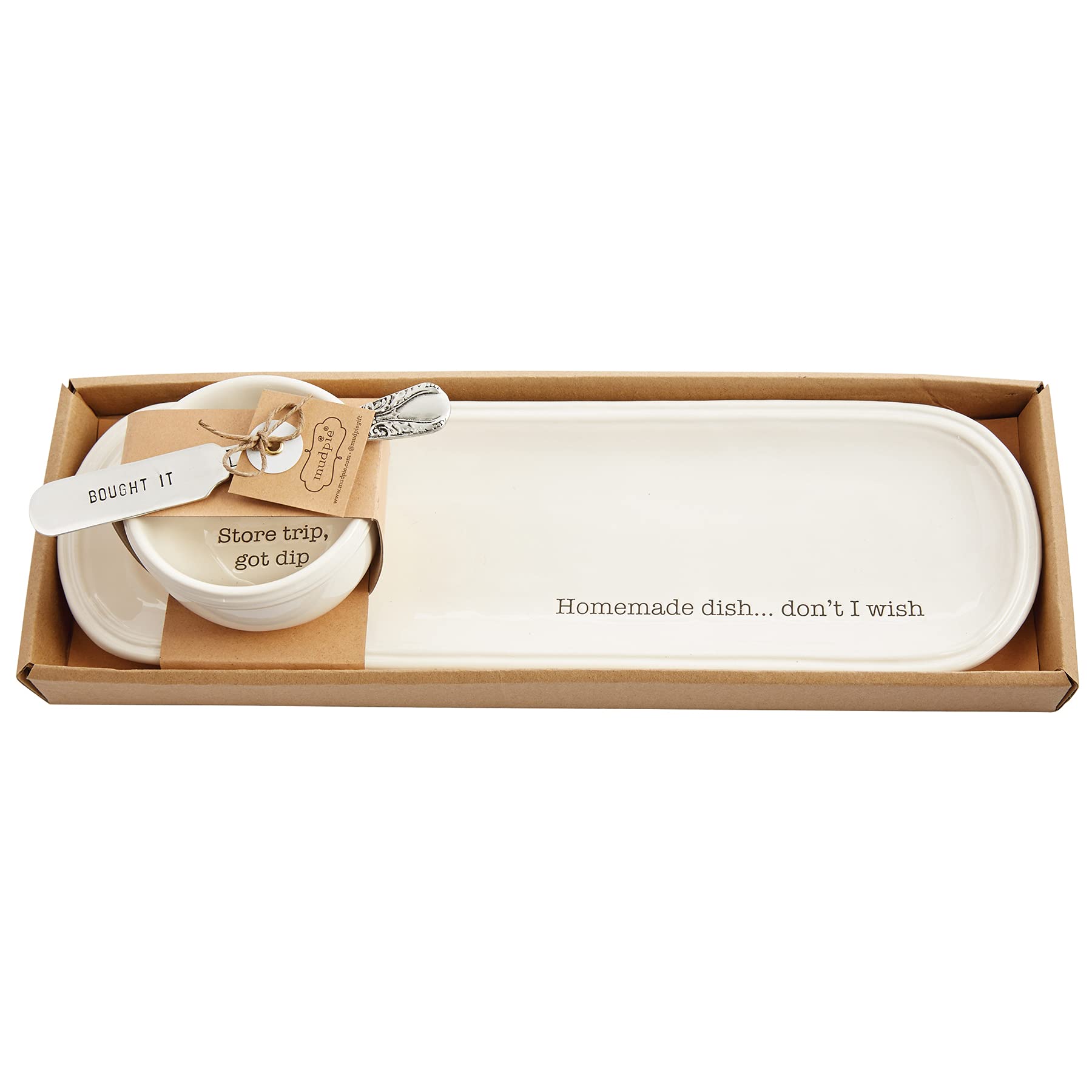 Mud Pie Store Bought Tray Set, dish 4"x13 1/2"|bowl 2"x3 1/4" d|spdr 5", White