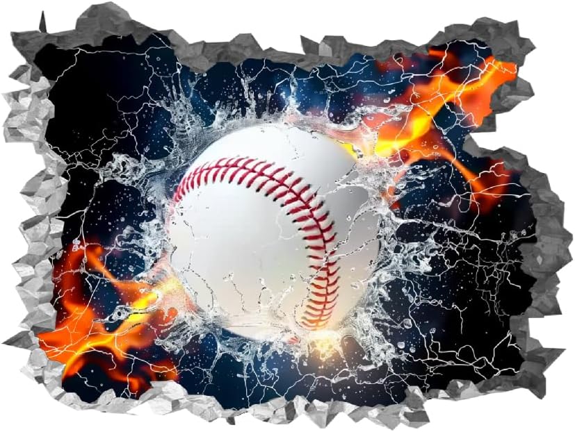 SUPERDANT 3D Baseball Wall Sticker Breaking Baseball Wall Decal Baseball in Fire and Water Wall Decor Nursery Wall Sticker Vinyl Peel and Stick for Kids Bathroom Restroom Playroom Wall Decoration