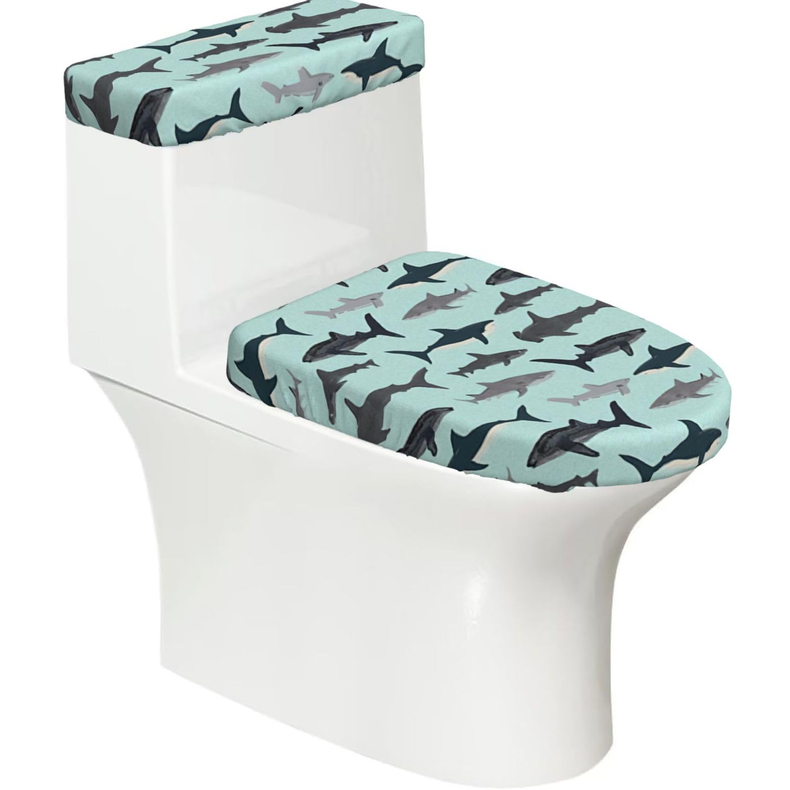 Shark Print Bathroom Decor Toilet Lid Cover And Tank Covers, Restroom Accessories Fits Most Round