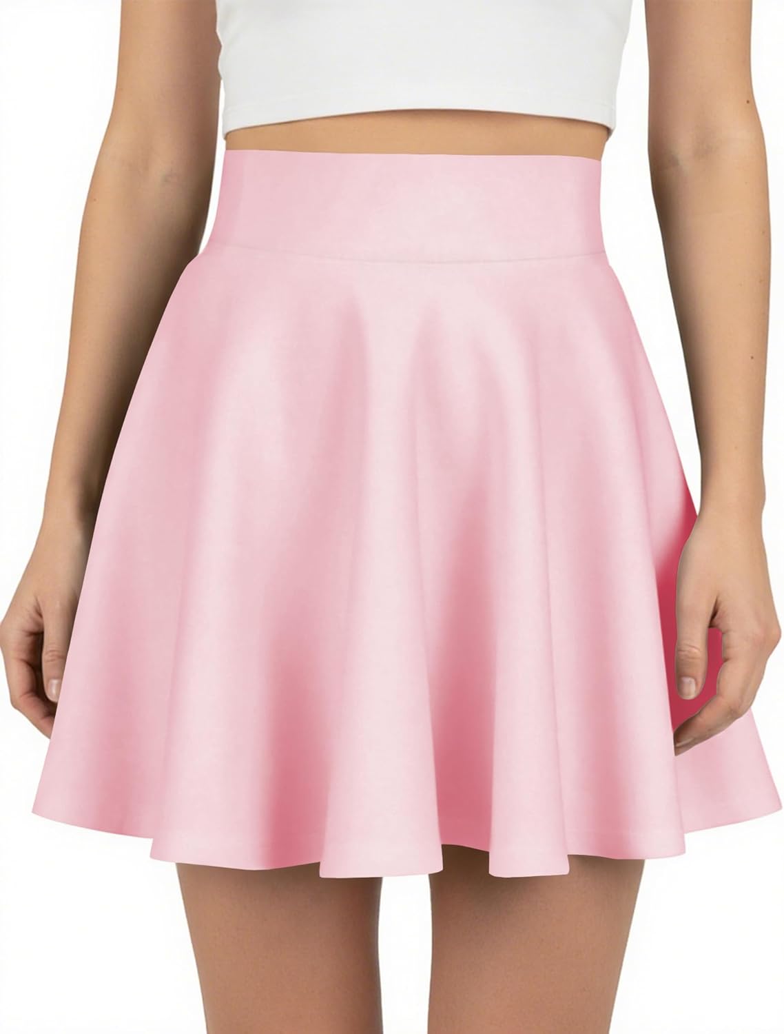 AURUZA Mini Skirts for Women, Casual Mini Stretch Waist Flared Plain Pleated Skater Skirt, Basic Versatile Stretchy Skirt Pink
