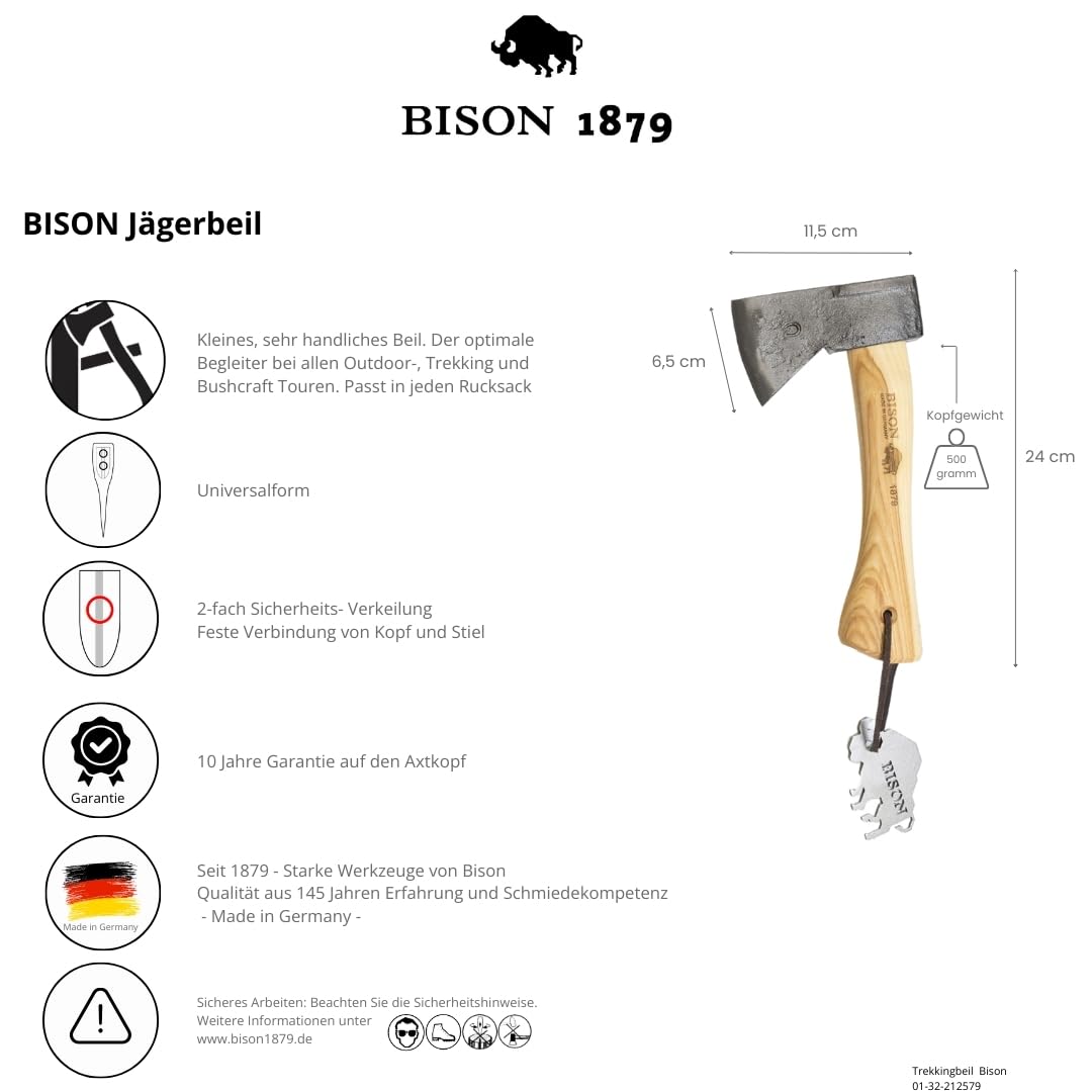 Bison 1879 Trekkingbeil, Minibeil, Outdoorbeil, 500 gr., handgeschmiedet für Camping Bushcraft und Outdoor, Hickorystiel 330mm