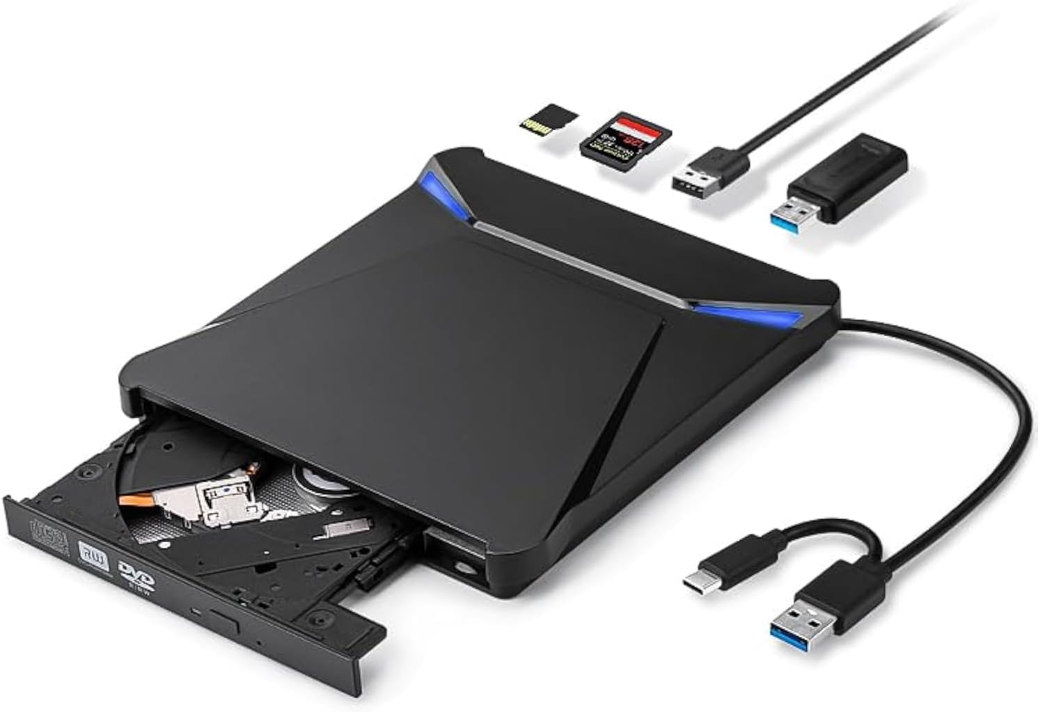 Dohaeris External CD/DVD Drive with its integrated USB 3.0 and Type-C cable, along with various adapters