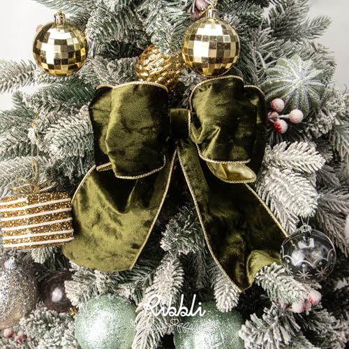 Image of Ribbli Olive Green Velvet Wired Ribbon 4 Inch Metallic Green Gold Crushed Velvet Christmas Ribbon for Gift Wrapping Christmas Tree Decoration Crafts Wreaths Supplies-Continuous 10 Yards