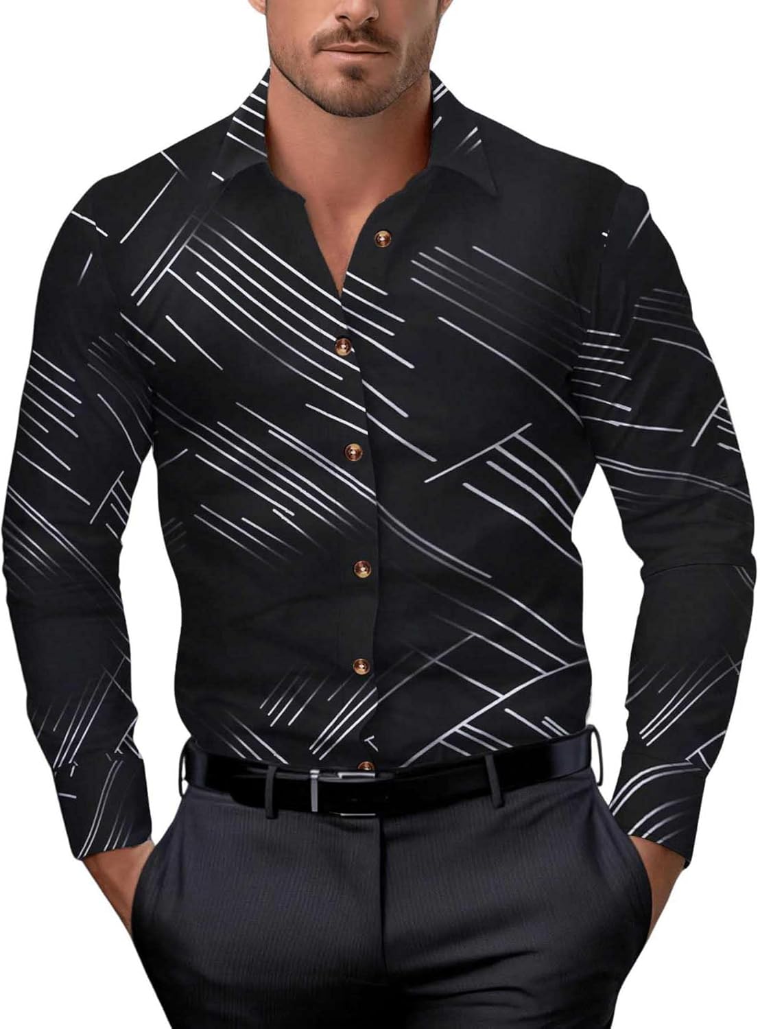 WDIRARA Men's Patterned Printed Long Sleeve Dress Shirts Button Down Business Shirts