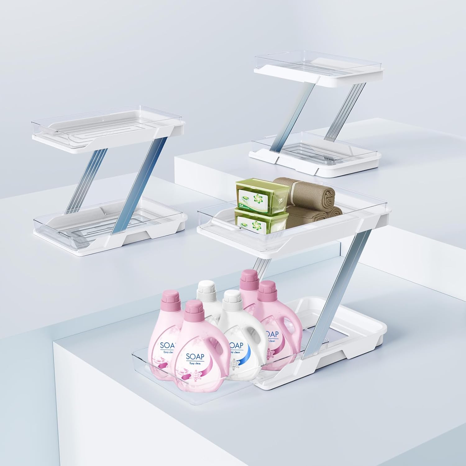 Organizers and Storage -3 Pack Multi-Purpose , 2-Tier Clear Pull Out Organization for Bathroom , Under Sink,Kitchen ,Vanity, Countertop, Cabinet, Pantry, Desk& Medicine Cabinet,Z Shape,White