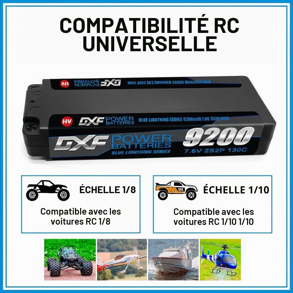 DXF LiPo 2S 9200mAh 7.6V 130C HV Connecteur T-Plug 5mm - Batterie Haute Performance pour Voiture RC 1/8 1/10, Buggy, Short Course, Monster Truck, Camion, Truggy, Crawler Radiocommandé Brushless