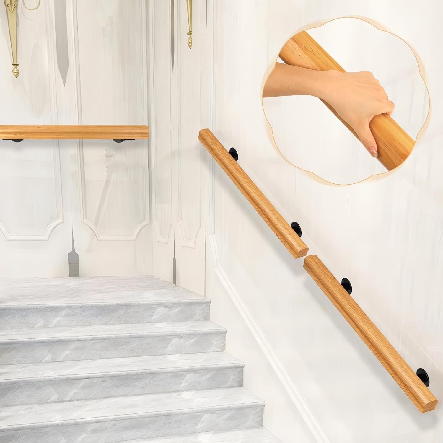 Houten trapleuningen, witte leuningen, antislip leuningen for binnen, zoldertrapdecoratie, gangsteunstangen, wandleuning met installatieset.(240cm/8ft/94.5in