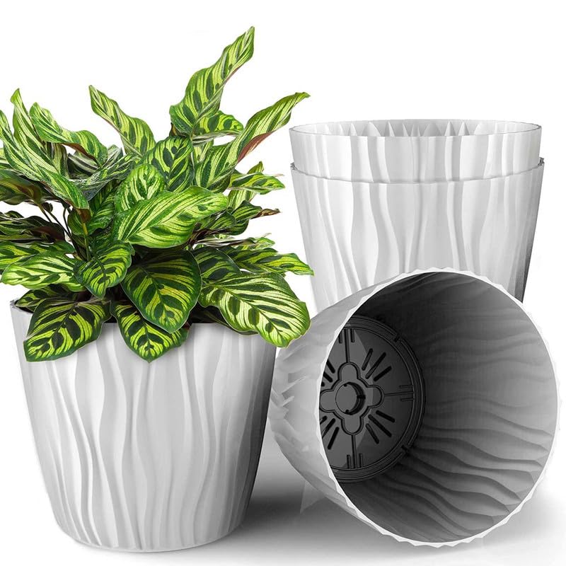 Image of StyleX Store Plastic Round Flower Pots with Drainage Hole Saucers | Durable Outdoor Indoor Wave Pattern Planters with Tray | Plant Containers for Balcony, Garden, Office, and Home (Set of 5, White)