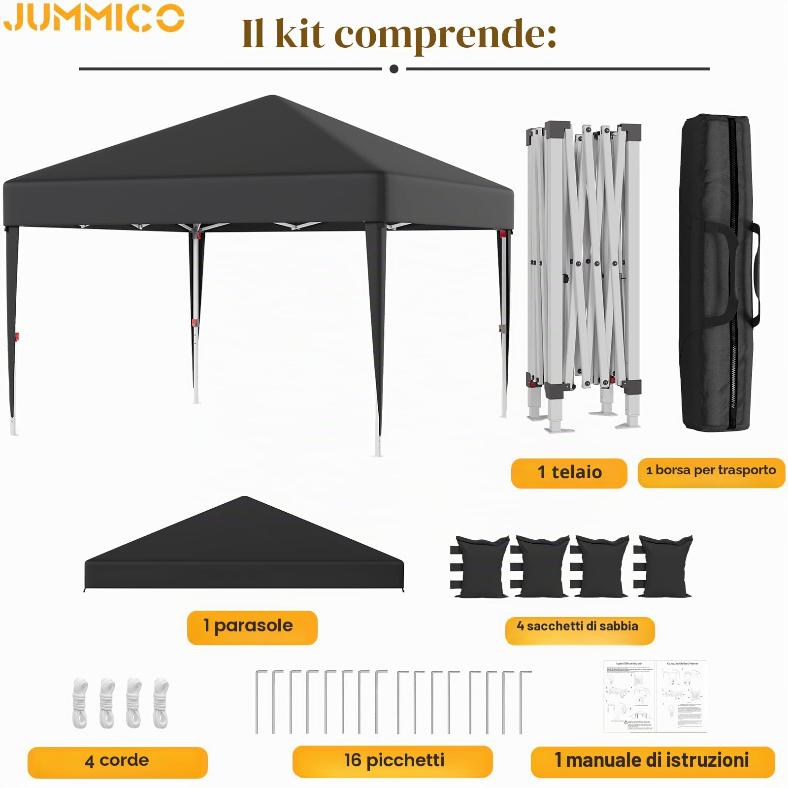 JUMMICO Gazebo Pieghevole 3x3 Piegatura e Riposizione Facili Protezione Anti-UV Altezza Regolabile Impermeabile e Stabile Ideale per Giardino, Campeggio, Feste e Altro Ancora Grigio