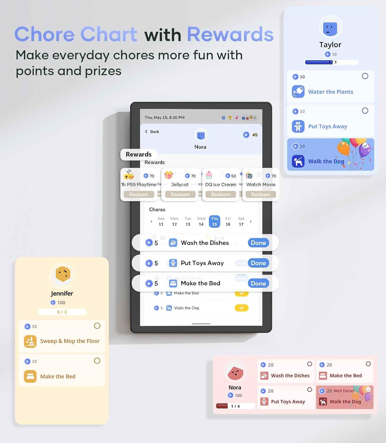Cozyla Mate Digital Calendar displaying a chore chart with assigned tasks, points, and a reward system for different family members.