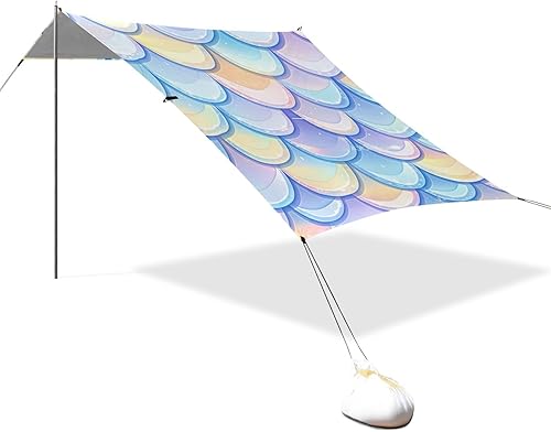 Miniatura 1 de Escala de peces arcoíris con diseño brillante, UPF50+, plegable, cabaña de playa, parasol impermeable con bolsas de arena, pala de arena, postes