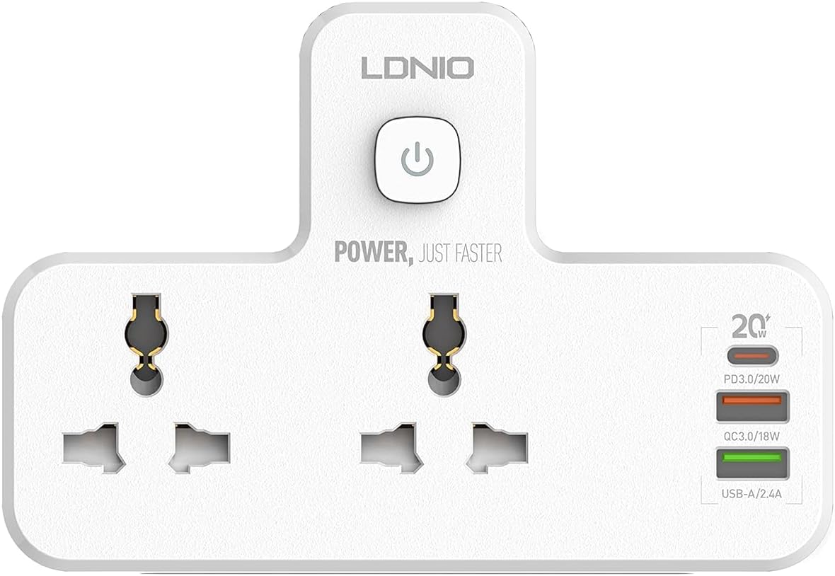 (1 year warranty) LDNIO Multi-Plug Power Extension Socket 20W Wall Plug Adapter With USB-C PD Quick Charge Universal Power Sockets With UK 3 Plug And Touch Control Light for Home/School/Office