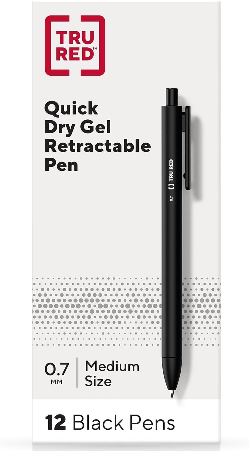 Image of a dozen TRU RED Quick Dry Gel Pens in black packaging.