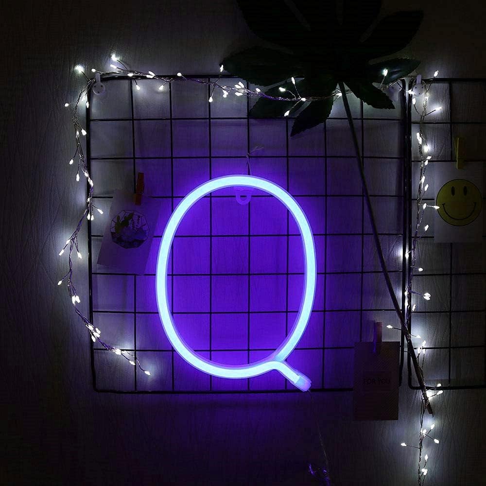 LED Neon Letter Lights, LED Neon Night Light Wall Decorative Night Light for Kids Bedroom Battery Powered Purple (Q)