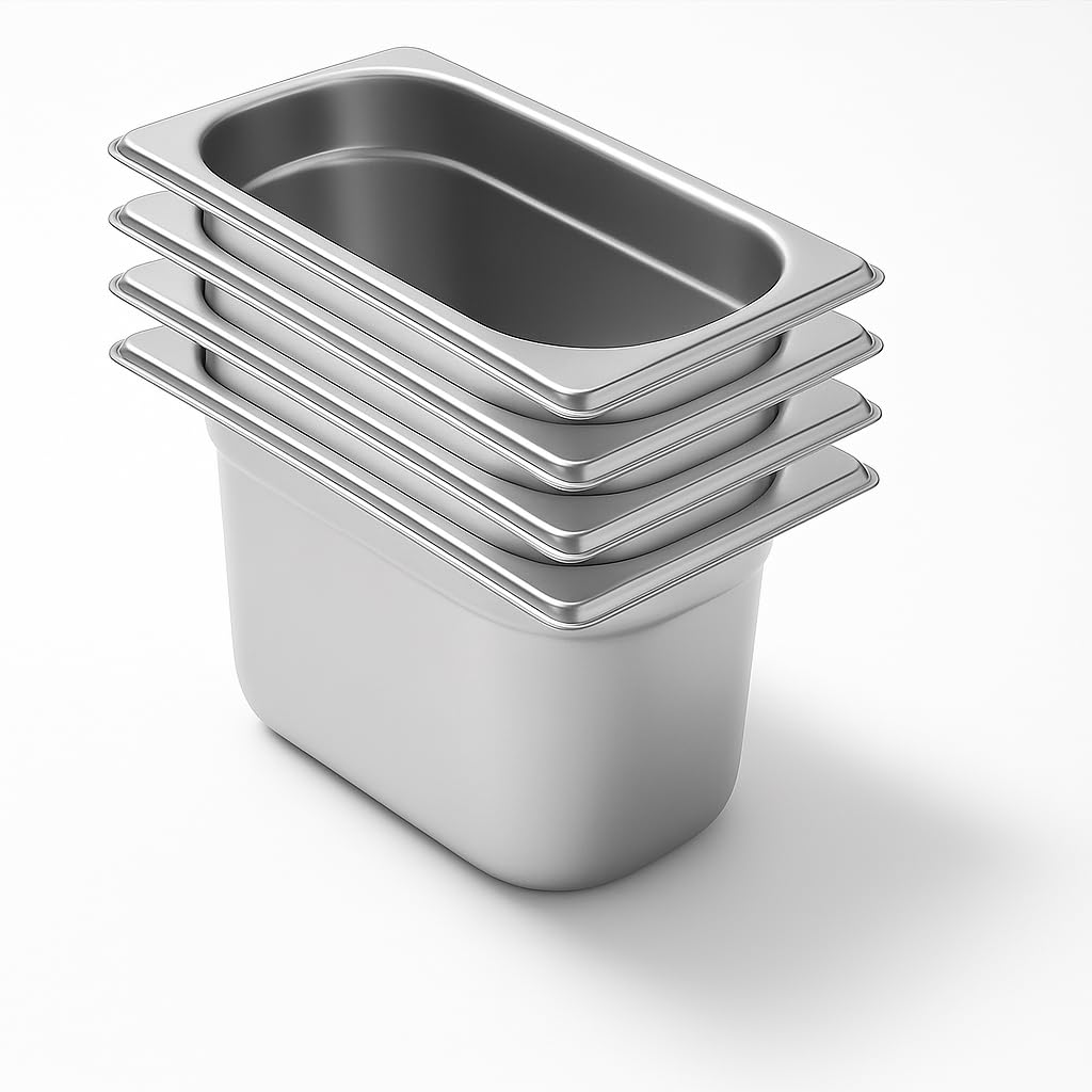 Lot de 4 couvercles Gastronormes GN 1/9 en Inox 201 – Bacs Gastro Professionnels pour Restauration, Cuisine Collective, Traiteurs et Hôtels (100 mm 0.8 L)