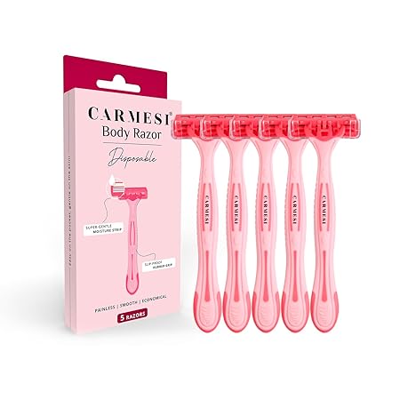 Carmesi Disposable Body Razors for Women - Pack of 5 | Aloe Vera & Vitamin E Moisture Strip For Smooth & Painless Hair Removal | Slip-Proof Rubber Grip | Safe, Hygienic & Economical